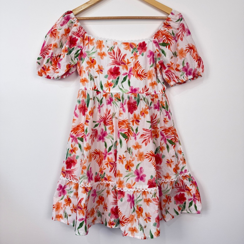 Umgee Floral Puff‎ Sleeve Mini Dress Womens Medium Pink Orange Tropical Cottage